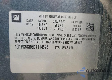 2013 Chevrolet Cruze Lt z USA, uszkodzony, nr VIN 1G1PC5SB6D7114592